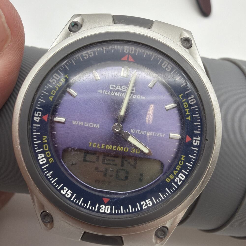 Casio Illuminator Watch Men Telememo 30 Silver Tone 2747 AW-80 World Time 6.25”